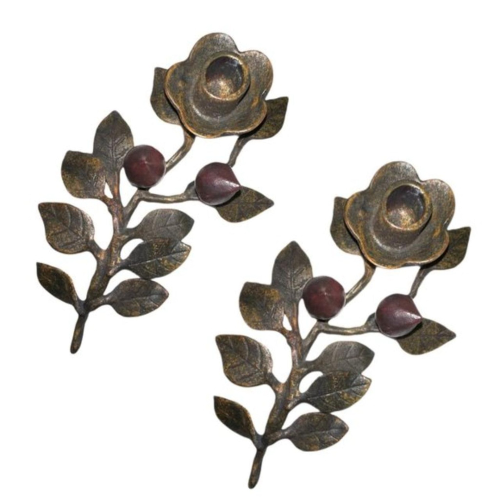 Pair of two iron rose bud and leaves taper candle holders